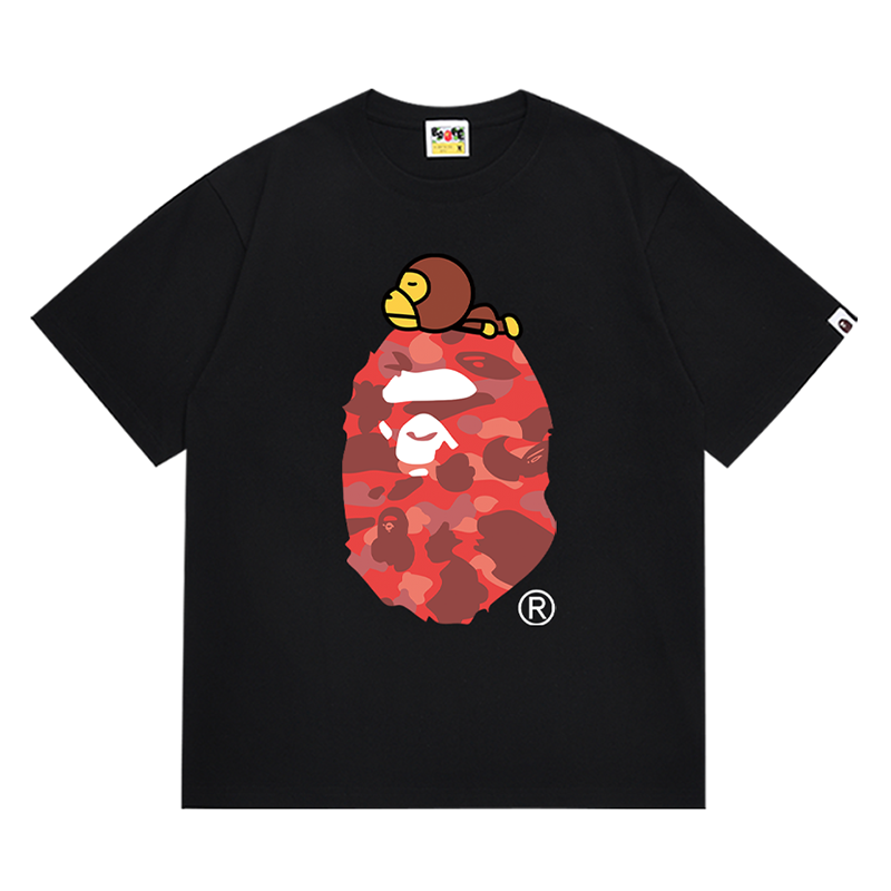 BAPE FW22 Red Camo Milo Ape Head Men's T-Shirt - Black