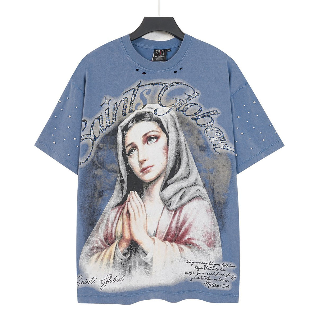 SAINT Distressed Rhinestone Graphic T-Shirt