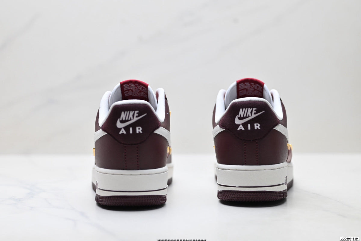 Nike Air Force 1 Low Burgundy White Gold Unisex Sneakers Style 02
