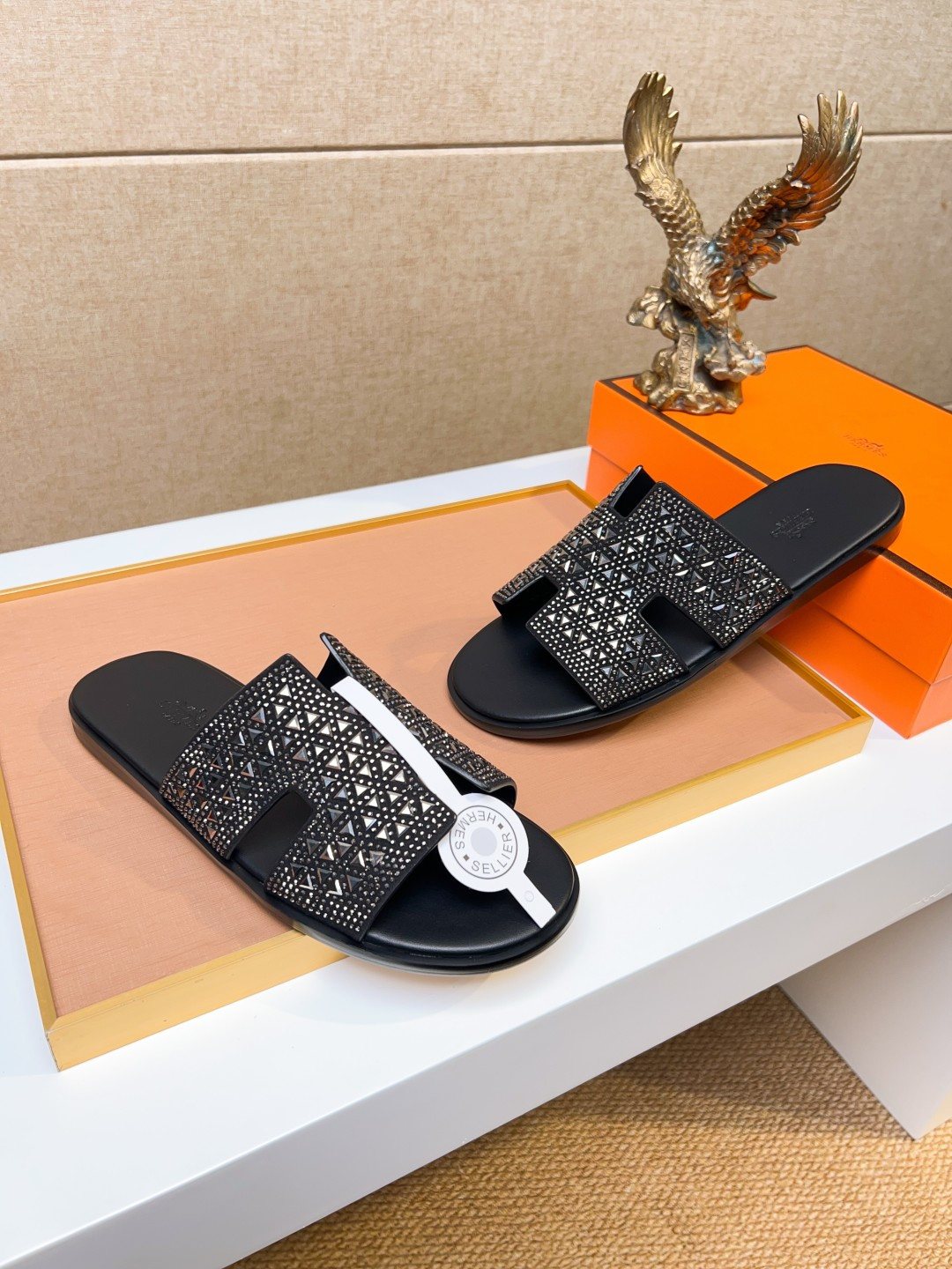 Hermès Black Textured H Slide Sandals - Open-Toe Slide Design