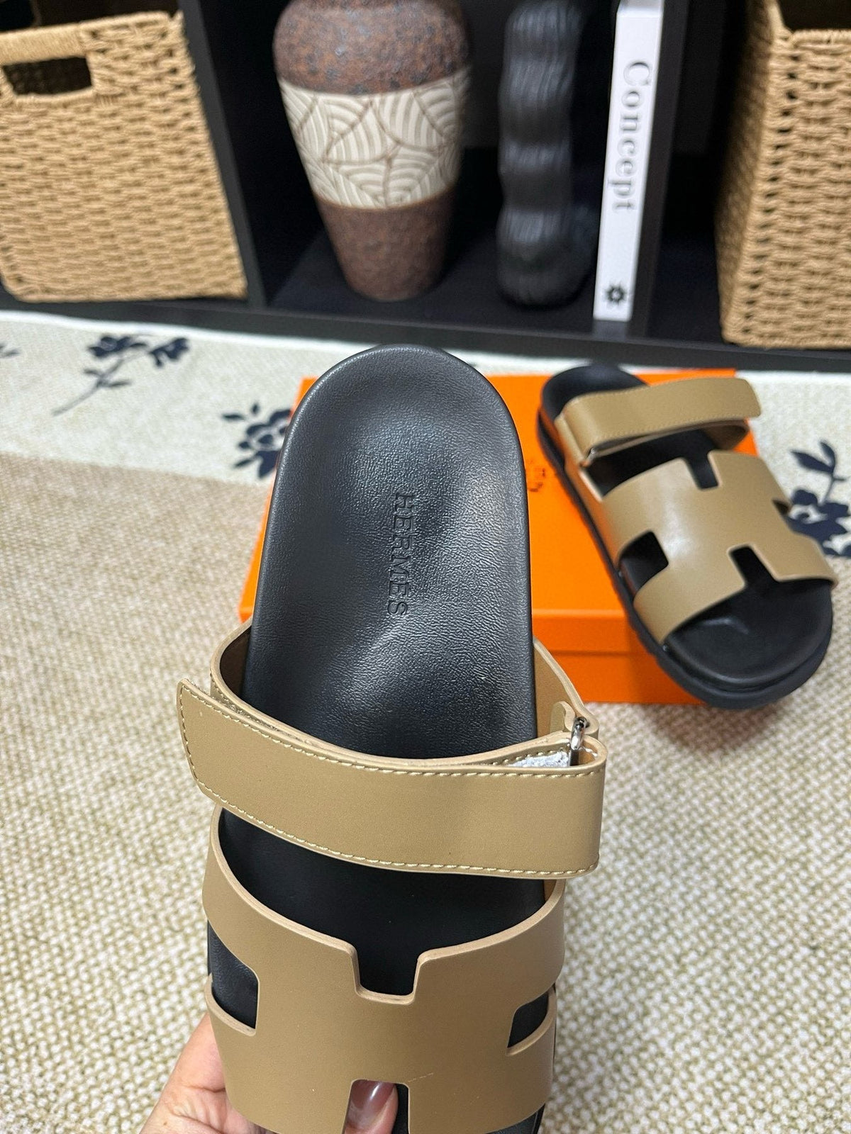 Hermes Men's Kazimir Tan and Black Slide Sandals
