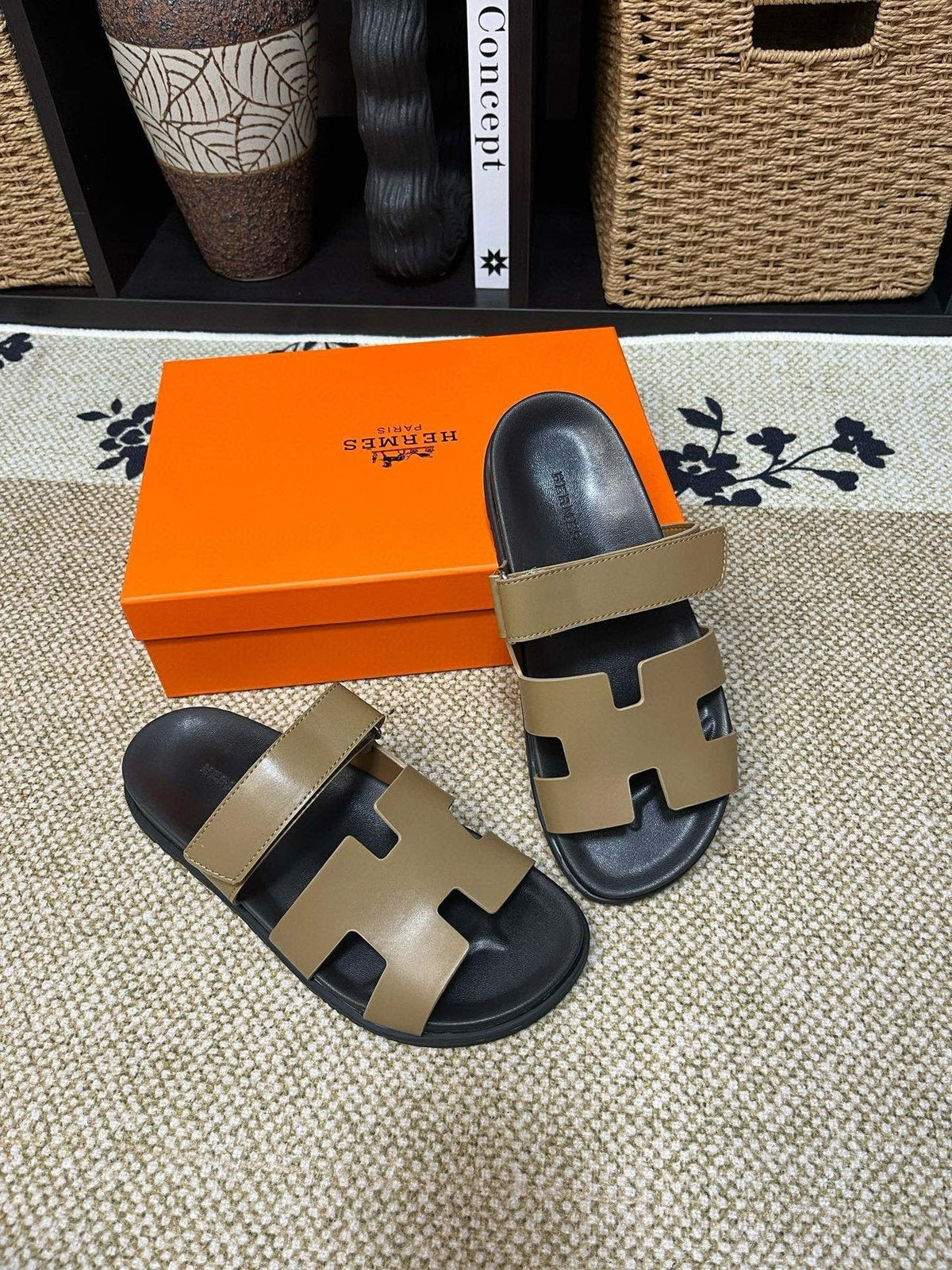 Hermes Men's Kazimir Tan and Black Slide Sandals