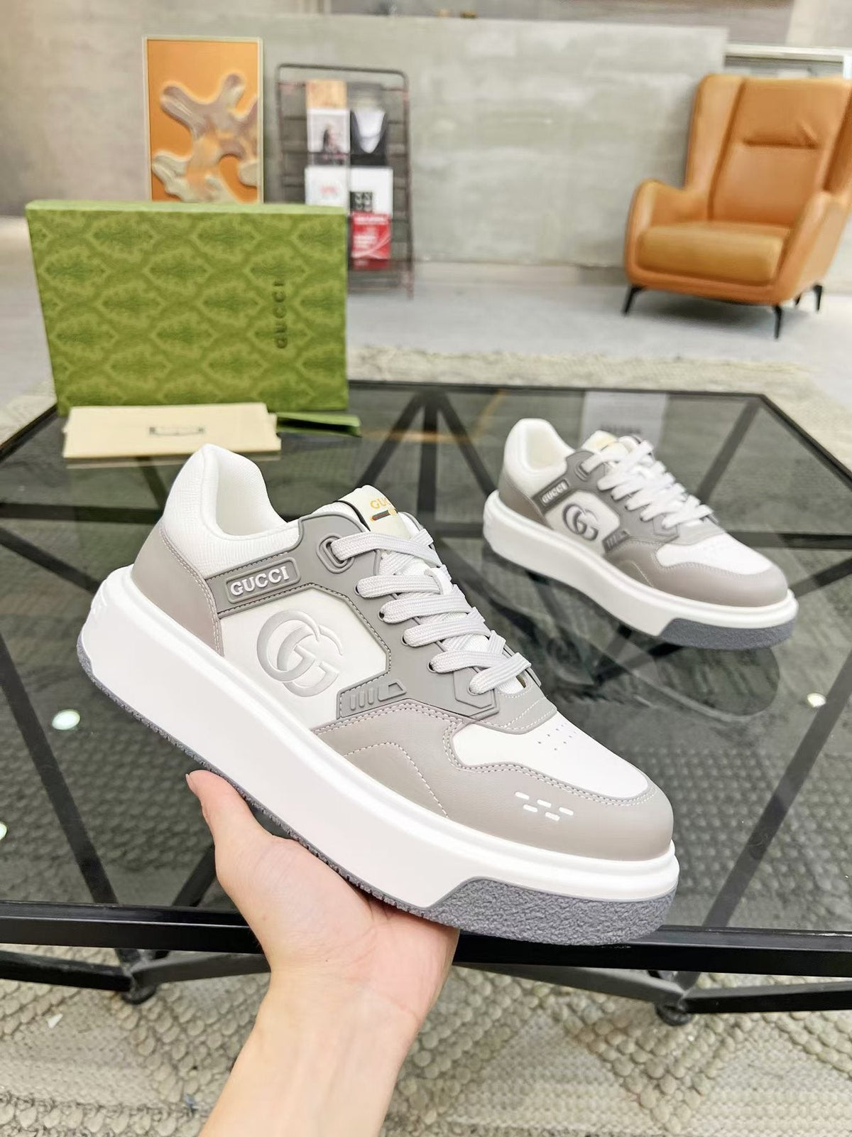Gucci White and Light Gray Low-Top Sneakers