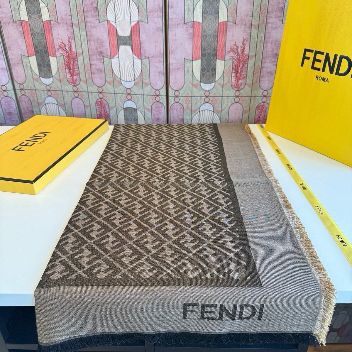 FENDI Fringed Geometric Monogram Scarf